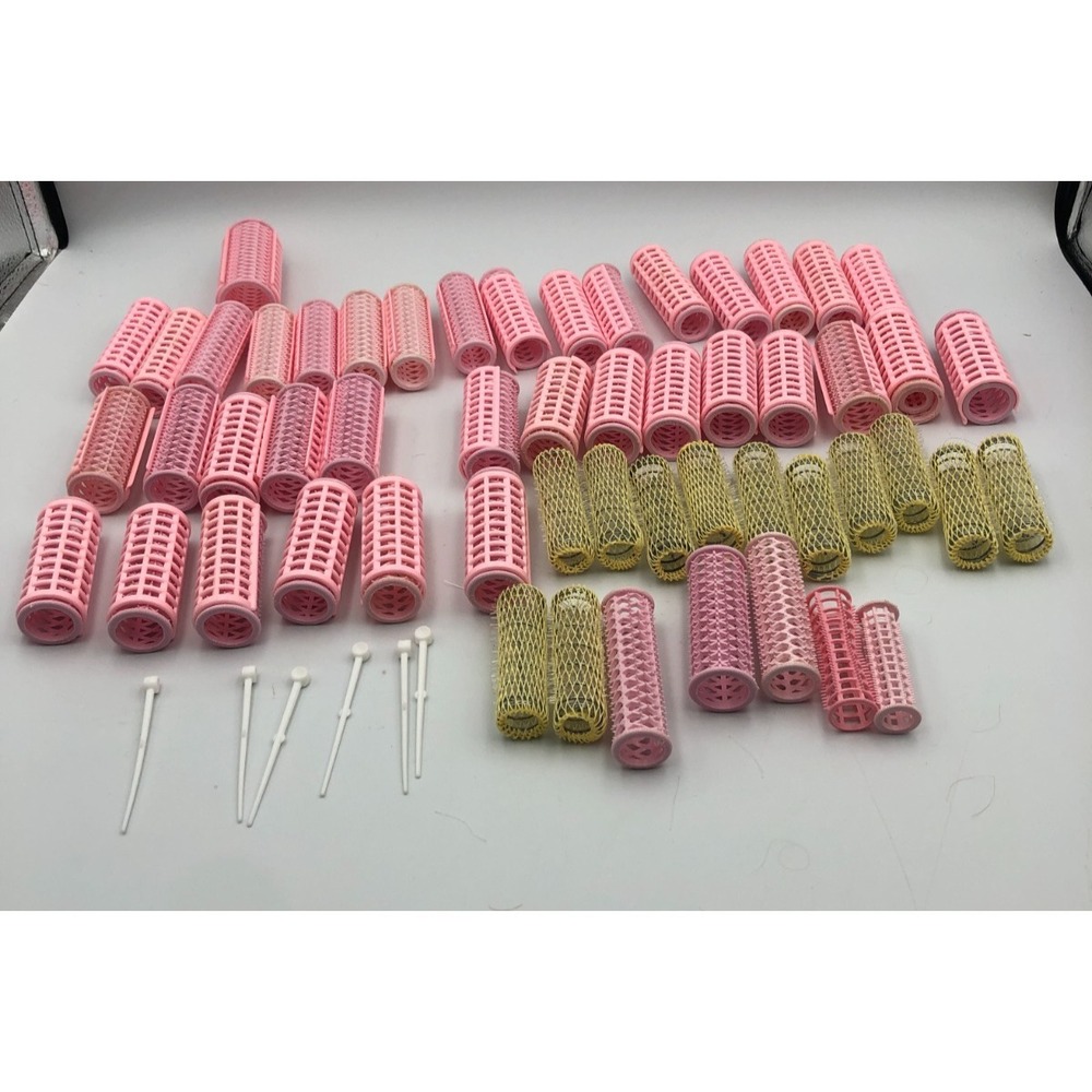 Vintage Mixed Lot  Pink Plastic Snap-On‎ Hair Curler Rollers Wire mesh 6 pins